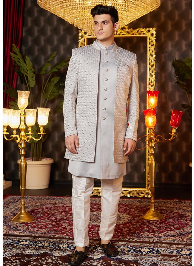 Art Silk Grey Wedding Wear Thread Work Readymade Indo Western Sherwani